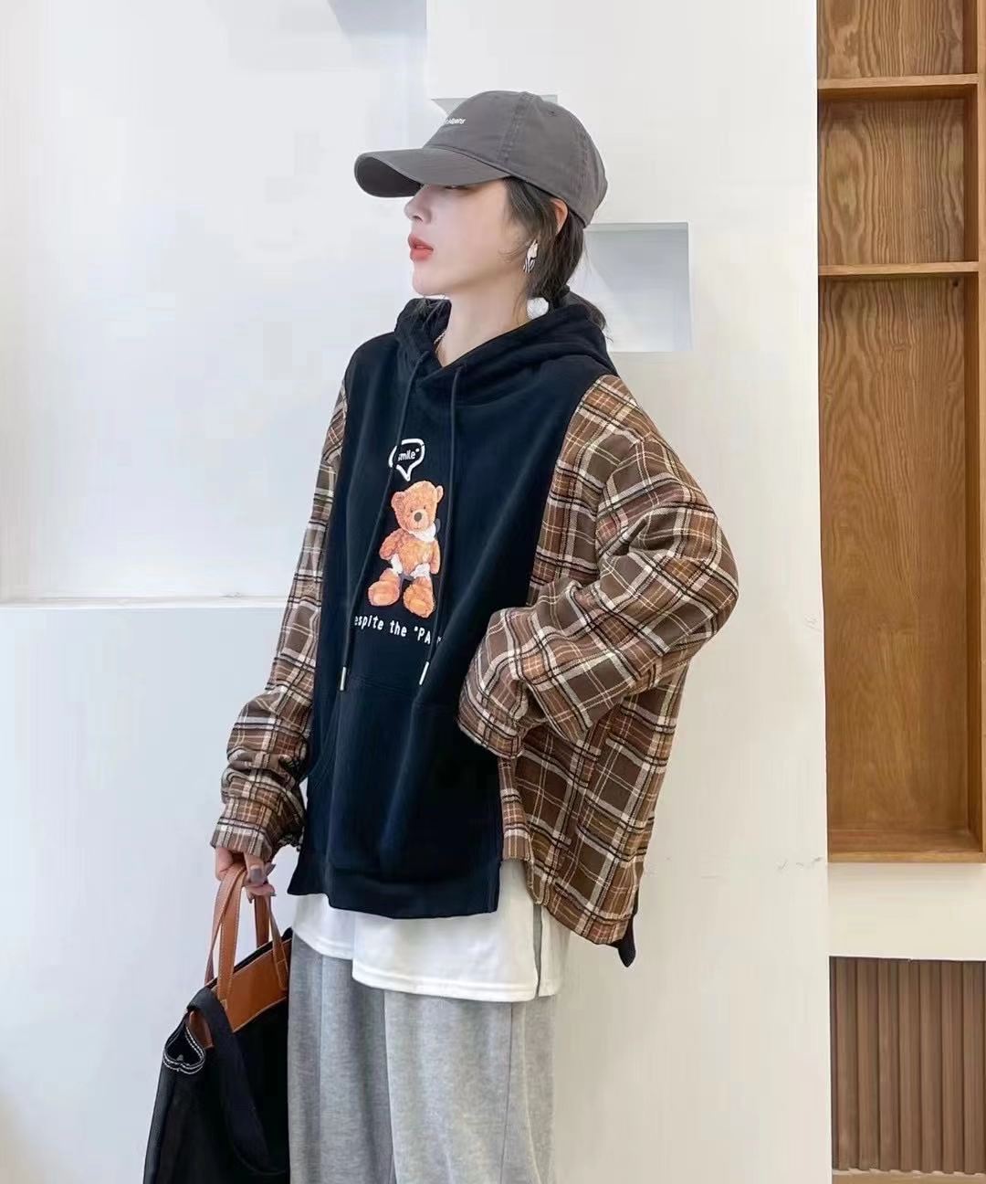7693格子衬衫拼加绒加厚全棉连帽卫衣小熊印花设计感韩版宽松上衣