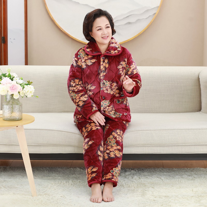 奶奶装中老年人女冬季家居棉衣珊瑚绒太太加绒加厚保暖睡衣套装