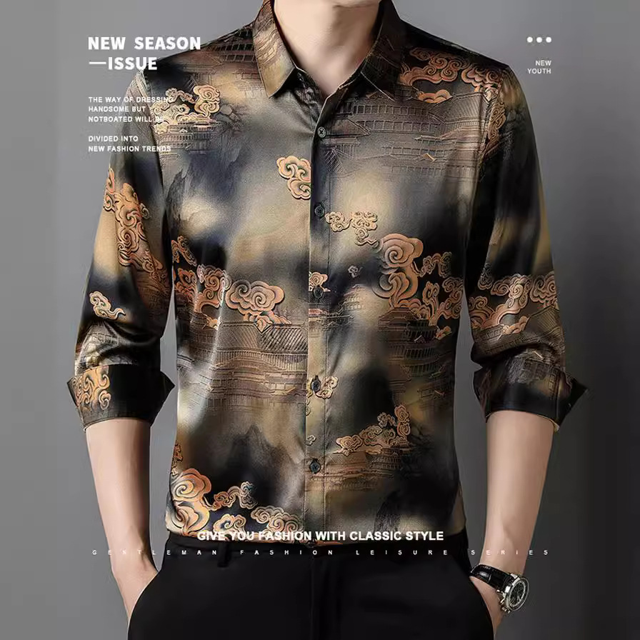 正品重磅真丝中年男士衬衫长袖桑蚕丝衫衣丝绸缎男装弹力缎云纹