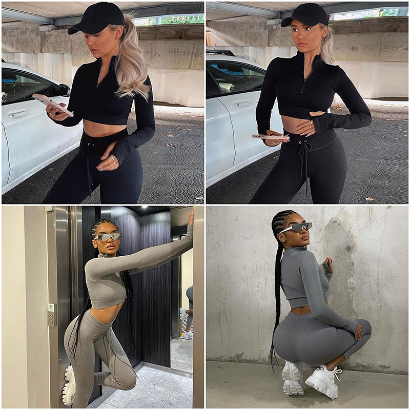 European and American Seamless Yoga Clothes Sports Suit Long-Sleeve Zipper Fitness Clothes Top Drawstring High Waist Lulu Yoga Pants Women