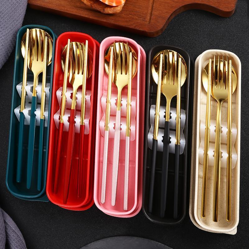 Simple Stainless Steel Tableware Spoon Chopsticks Portable Tableware Three-Piece Set Gift Portugal Student Tableware Set