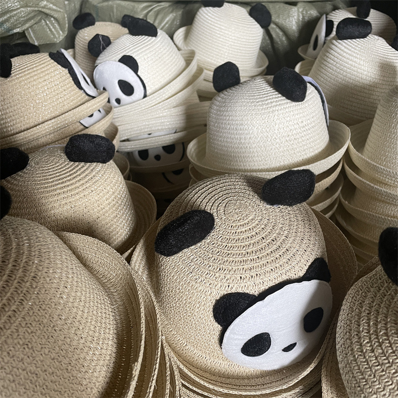 Factory Direct Sales Children's Straw Hat Summer Korean Style Panda Cartoon Sun Hat Outdoor Travel Baby Parent-Child Sun Hat