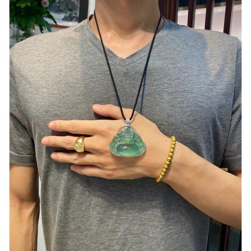 天然缅甸冰种佛公翡翠吊坠老坑a货晴水玻璃种弥勒佛玉坠子男女款