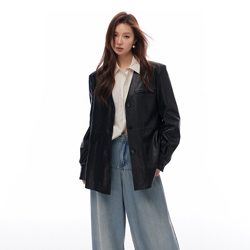 aus「复古胶片」进口西班牙植鞣复古时髦v领绵羊皮皮衣风衣中长款