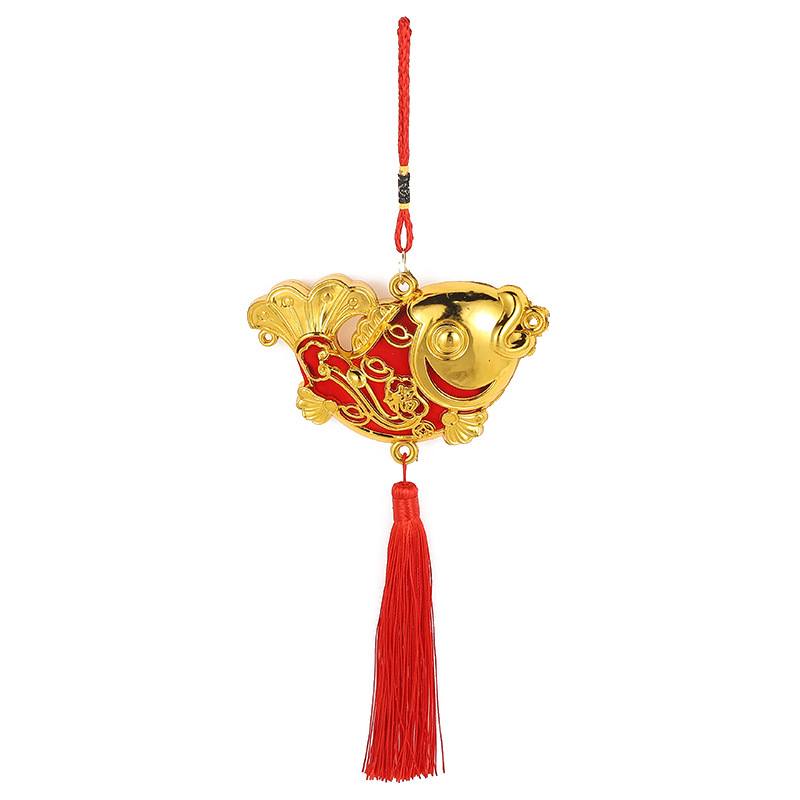 2021新款喜庆复古端午节日金色鞭炮双鱼如意钱袋铜钱盆栽装饰挂件