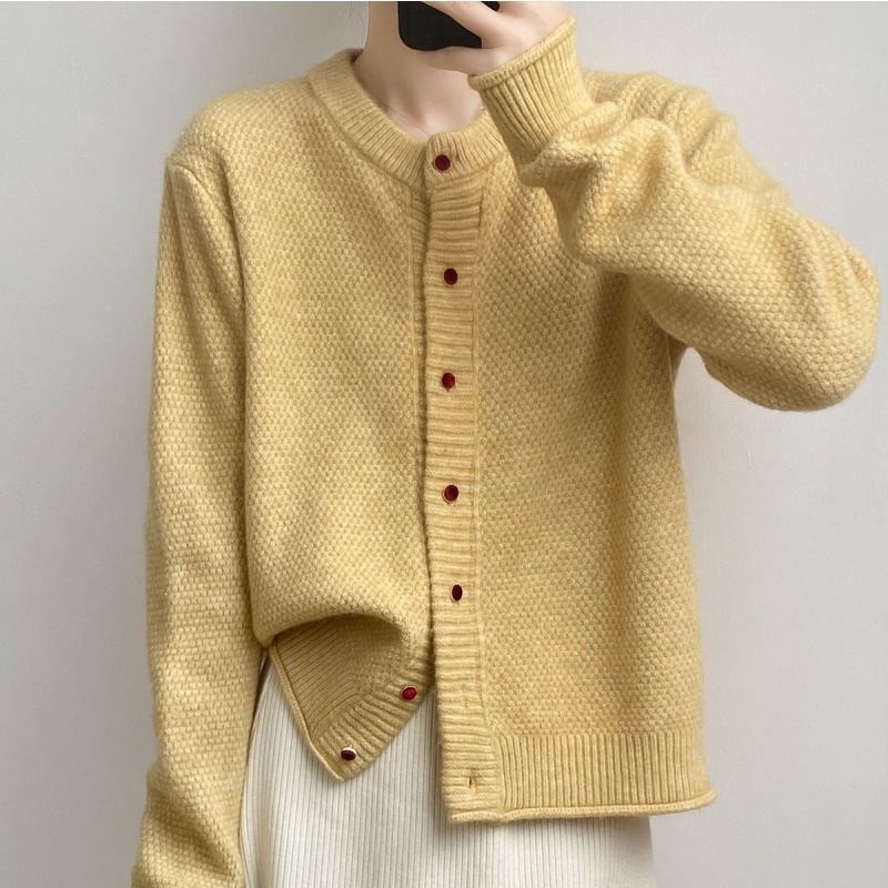 Women's Cardigan Sweater Korean Style Autumn and Winter New Simple Long Sleeve Lazy round Neck Single-Breasted Knitted Loose Coat Top