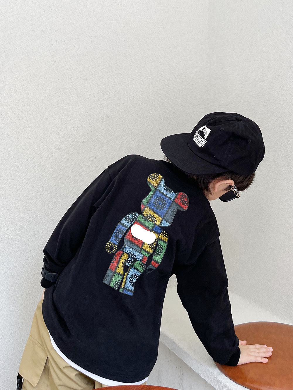 ck5017 2021秋冬新款男童积木熊叠穿t恤前后印花中小童拼接上衣