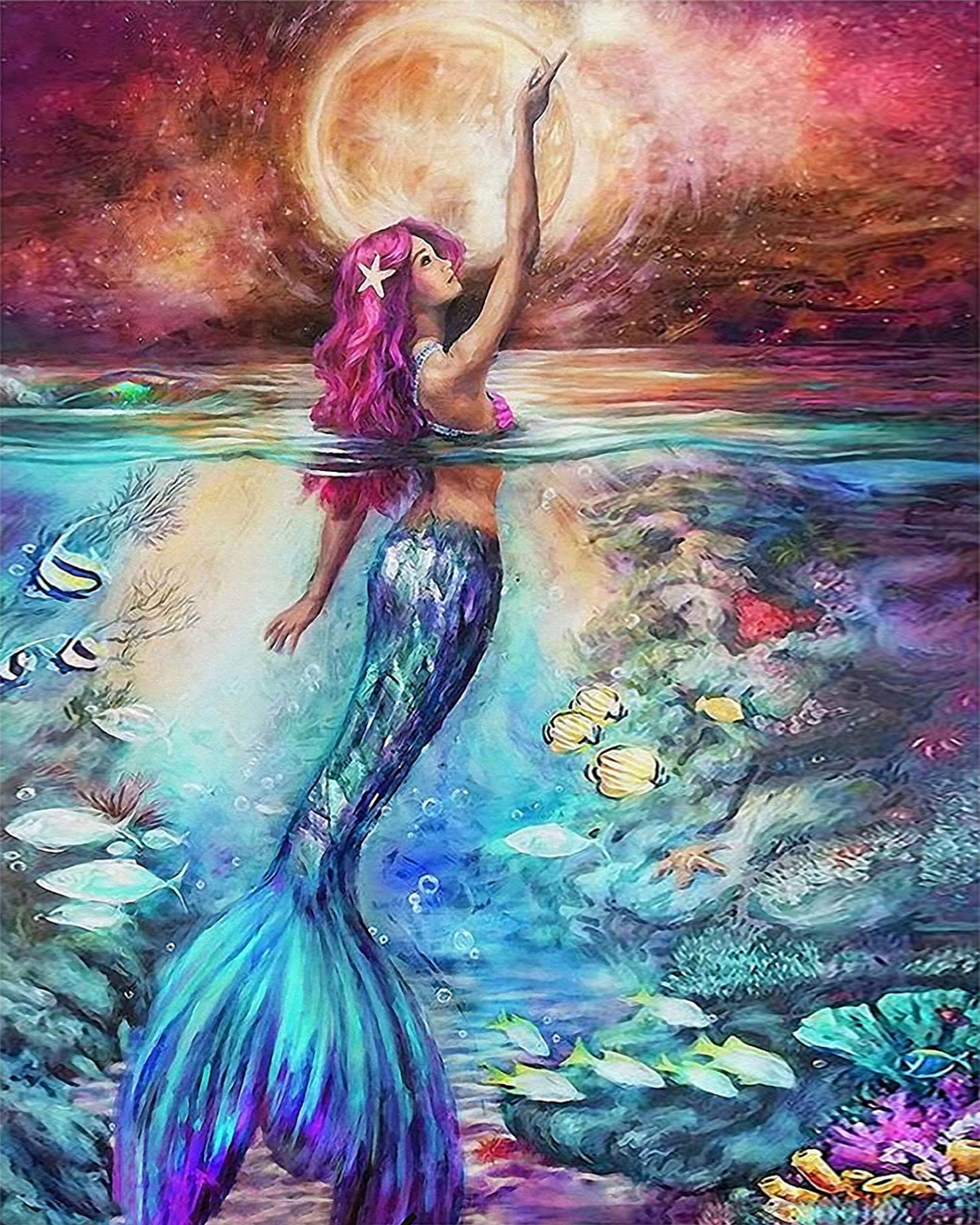 厂家定制diy纯手绘数字油画 外贸新款美人鱼卡通数字油画个性定制