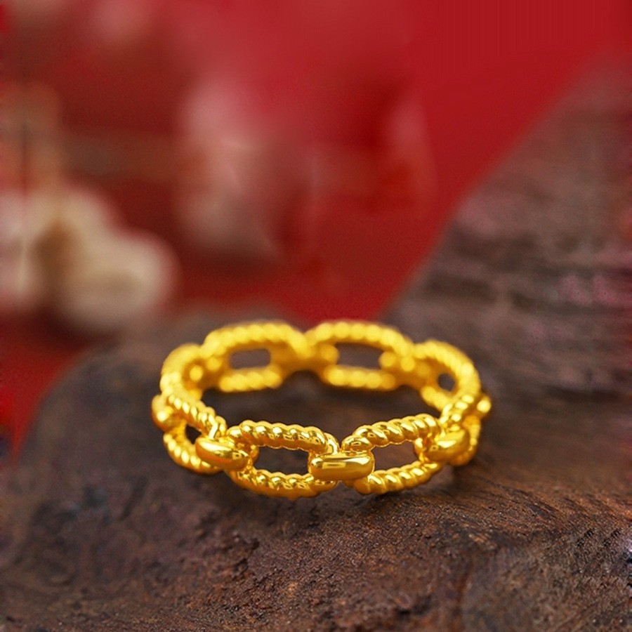 沙金麻花链条戒指 网红时尚气质连环扣食指戒男女镀金情侣戒礼物-阿里