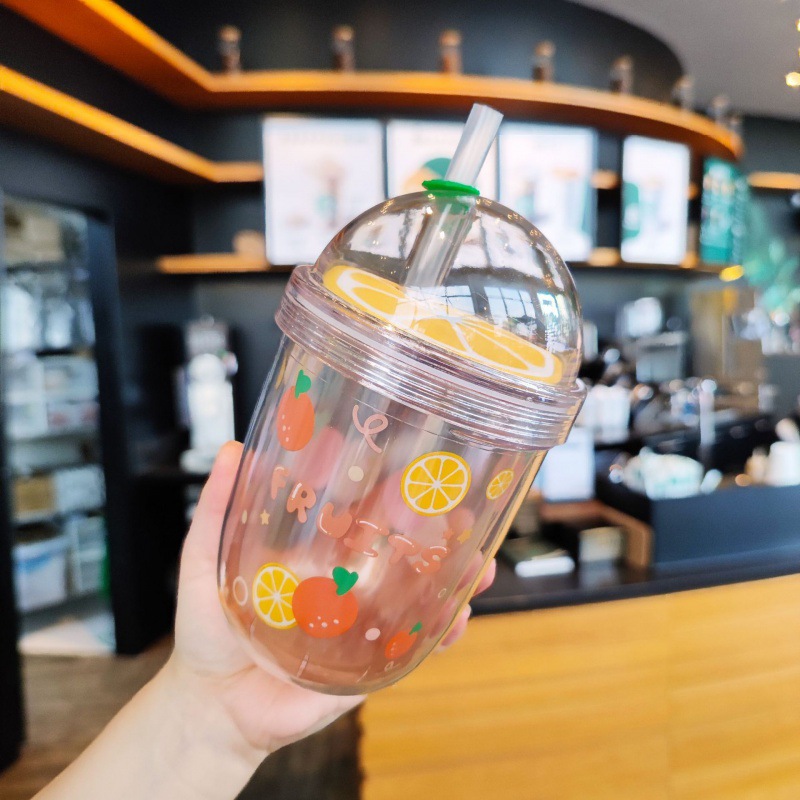 Creative New Online Celebrity Double-Layer Cup with Straw Plastic Thickened Juice Cup Trendy Cute Girl Heart Strawberry Watermelon Cover