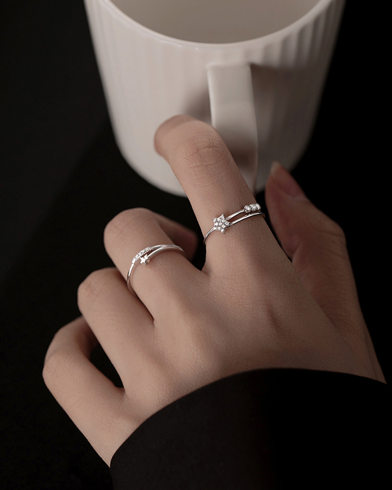 与同s925纯银小碎钻星星戒指闺蜜冷淡风大小流星满钻指环可调节