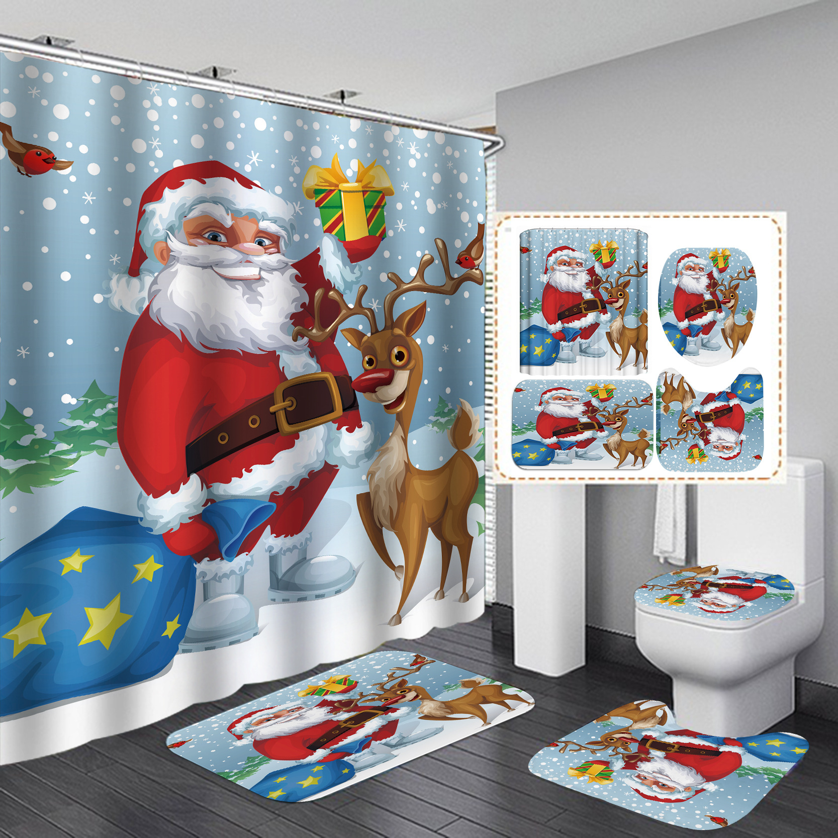 Cross-Border Direct Sales Christmas Shower Curtain Set Series Waterproof Punch-Free Partition Curtain Bath Curtain Hotel Rain Curtain