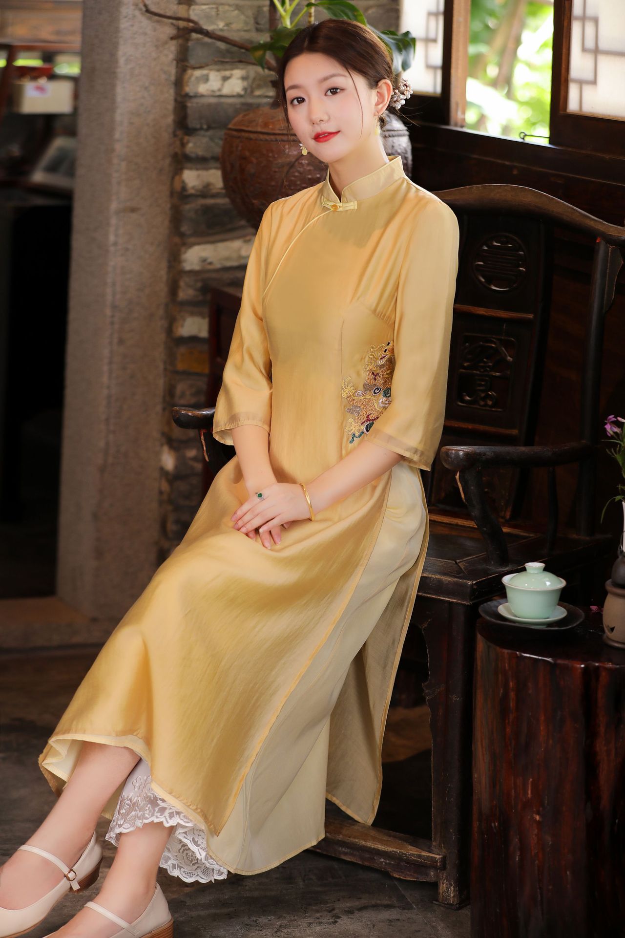 中式茶艺师服装复古绣花长款改良旗袍中国风禅意服春秋季连衣裙