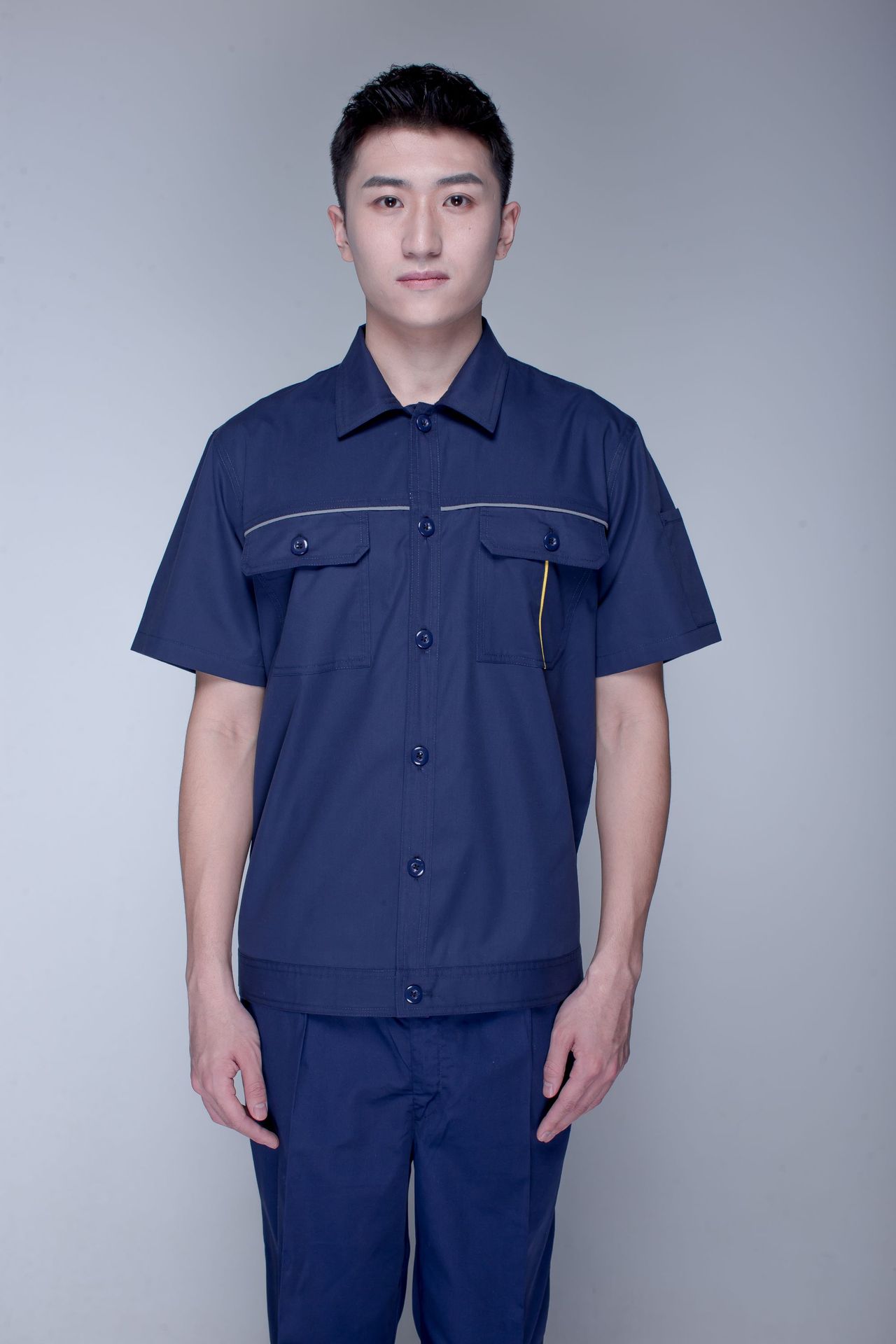 印图绣标夏装精缝线35棉全工艺藏青蓝色纯色短袖工装厂服工作服