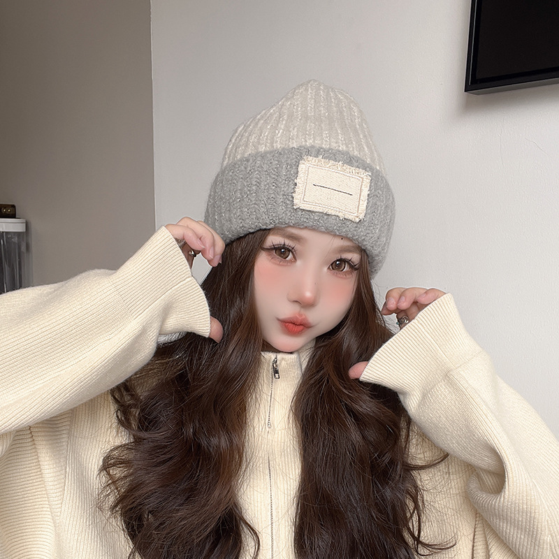 Knitted Hat Women's Autumn and Winter Warm Hat Korean Style Versatile Fashion Sticker Cloth Label Cold-Proof Woolen Cap 2023 New
