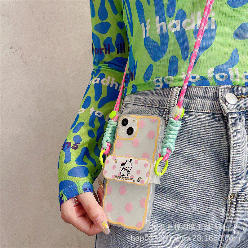 Wave Cute Polka Dot Pacha Dog Crossbody Back Splint for Apple 14promax Phone Case 12 Mobile Phone Lanyard