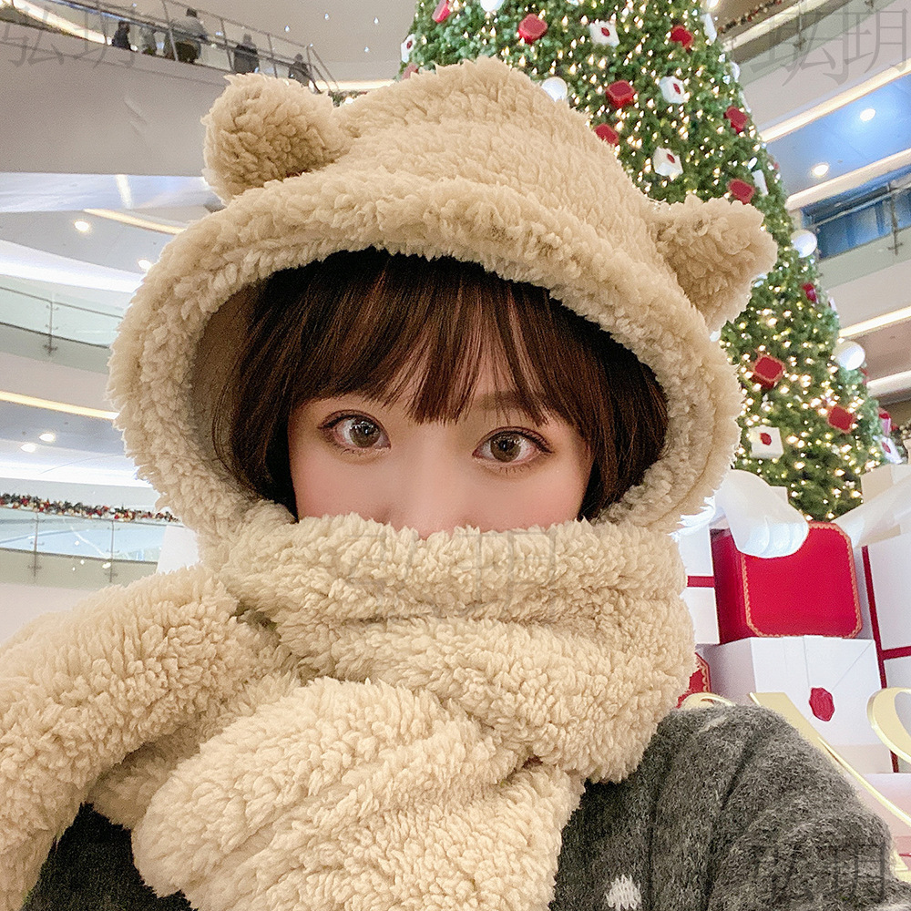 2020新款加厚保暖帽子围巾一体女冬小熊三件套款网红秋羊羔绒围脖