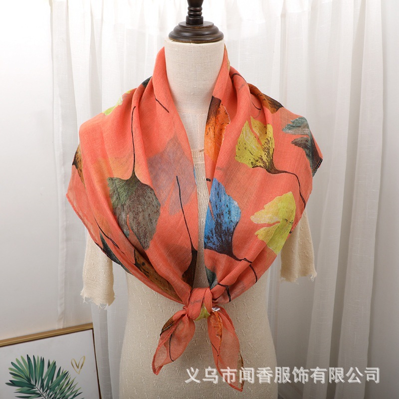 90 Large Kerchief Women's Vintage Ethnic Style Scarf Ginkgo Leaf Printed Silk Scarf Sun Protection Keeping Warm Headscarf Cervical Support Scarf