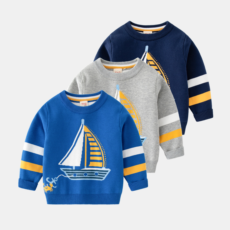 童装挑码拿货男童双层棉线保暖毛衣秋新款宝宝帆船螃蟹提花针织衫