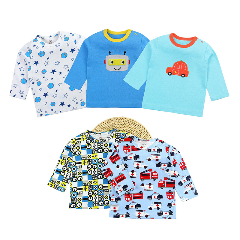 Sample Customization Newborn Baby Spring and Summer Five-Piece T-shirt Cross-Border Baby Shoulder with Buckles Long-Sleeved T-shirt OEM Processing