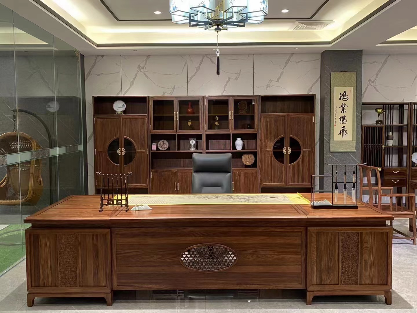 0成交0个新中式实木椅博奥老板桌董事长办公桌乌金木办公家具椅