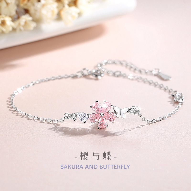 cherry blossom sterling silver 925 bracelet for women special-interest design light luxury pink zircon bracelet ins style butterfly bracelet