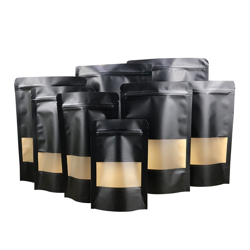 Black Kraft Paper Self-Supporting Window Ziplock Bag Coffee Tea Specialty Leisure Food Sealed Packing Bag Wholesale