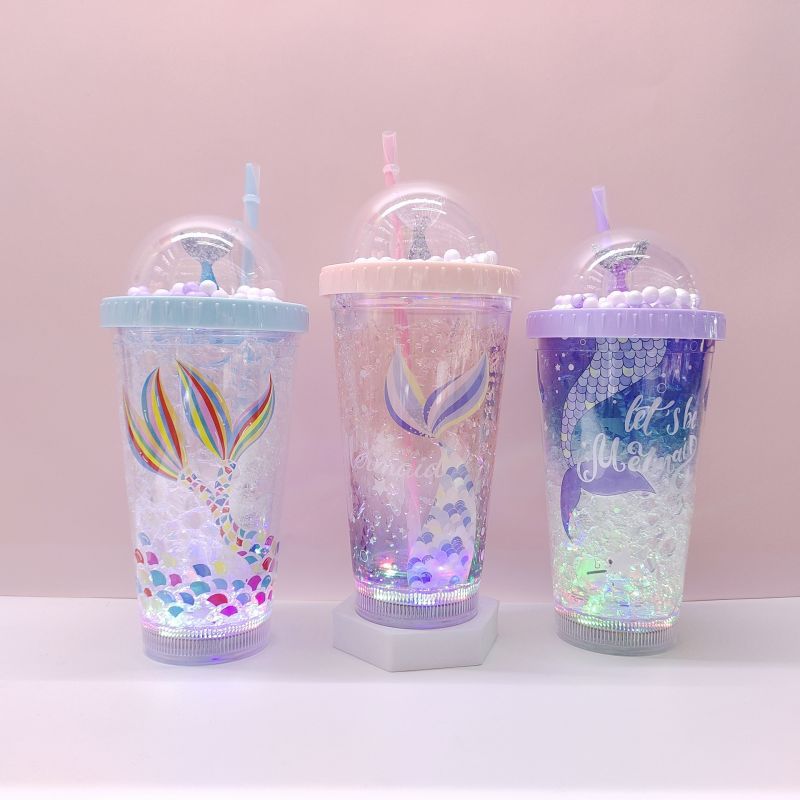 Cross-Border Factory Direct Supply Double Plastic Straw Cup Fashion Fishtail Bubble Ball Ice Cup