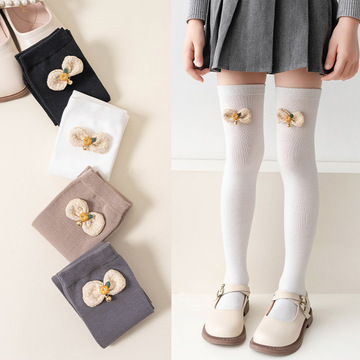 23年秋季新款 棉抗起球铃铛蝴蝶结儿童长筒袜 jk风女童过膝直筒袜