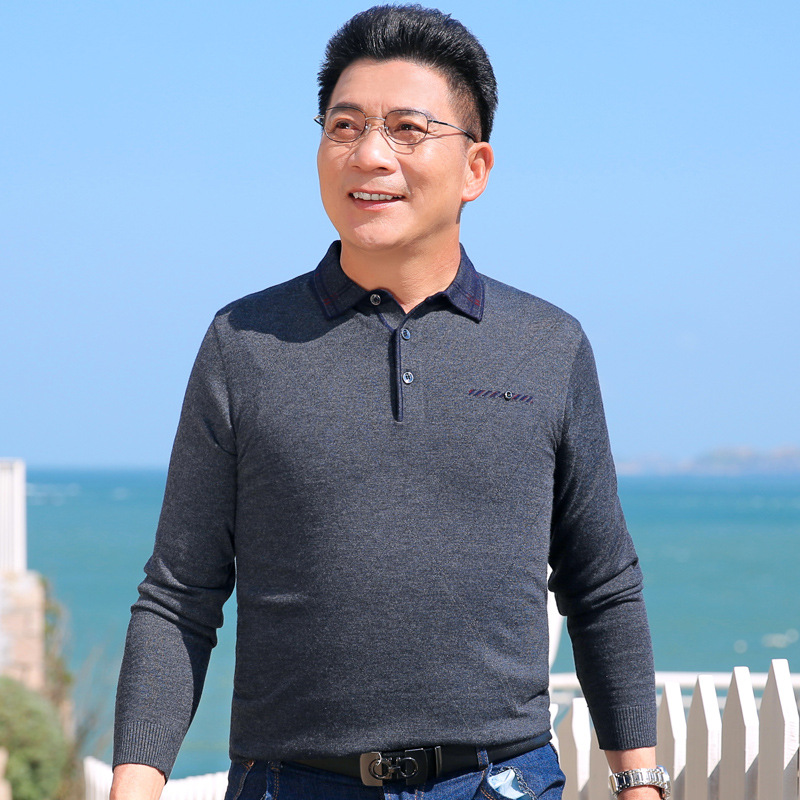 爸爸春装40-50岁60中老年人长袖t恤男士春秋衣服外穿翻领丅血薄款