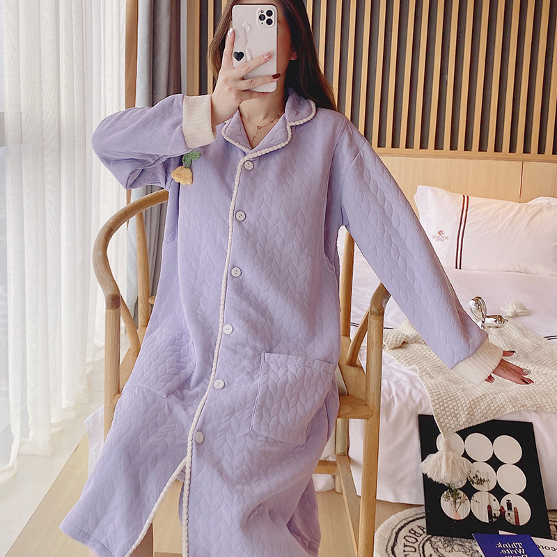 Pregnant Woman Breastfeeding Nightdress with Chest Pad Autumn and Winter Air Cotton Confinement Clothing Spring and Autumn Postpartum Maternity Waiting for Delivery Nursing Dress