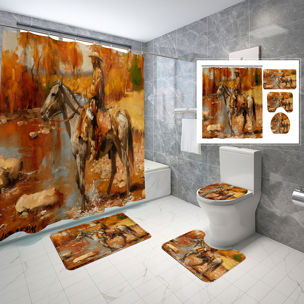 Digital Printing Shower Curtain Four-Piece Set Non-Fading Waterproof Polyester Shower Curtain Bathroom Toilet Mat Three-Piece Set