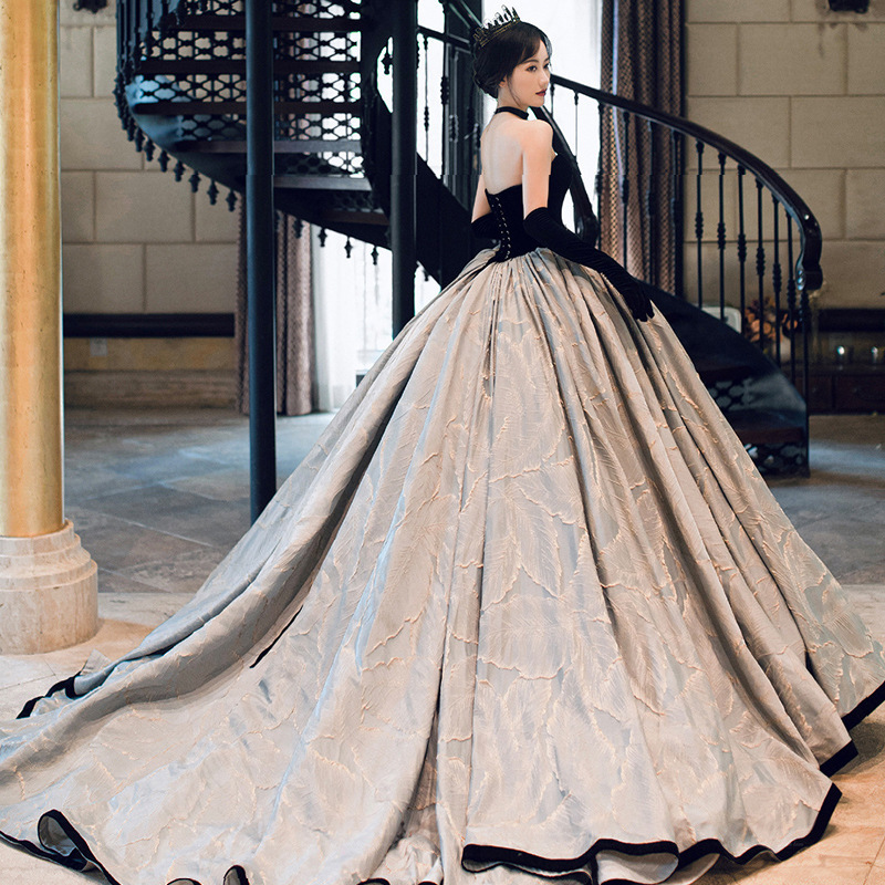 租赁藏青宴会晚礼服裙2022新款长款气质飘逸修身优雅气场女王主持人女