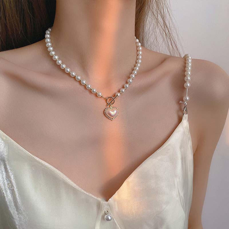 Japanese and Korean Ins Micro Inlaid Pearls Love Necklace Simple Sweet Ot Buckle Clavicle Chain Female Personality All-Match Necklace Wholesale