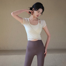瑜伽服套装女2024夏季新款带胸垫运动上衣气质网纱普拉提健身短袖