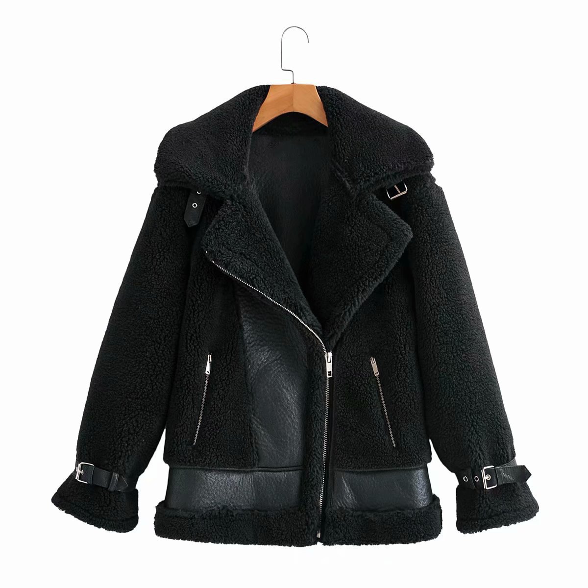 2021秋冬新款欧美风加绒加厚时尚潮流皮毛一体羊羔绒机车夹克外套