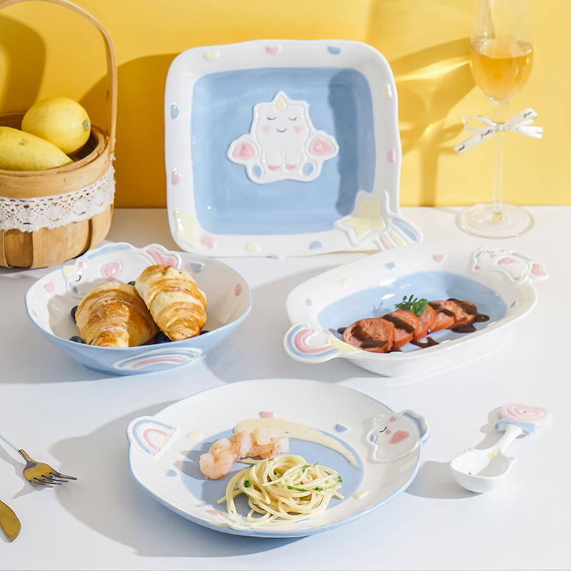 Cute Unicorn Ceramic Bowl Dish Underglaze Home Cartoon Tableware Rice Bowl Soup Bowl Baking Bowl Dish Bowl and Dish Combination