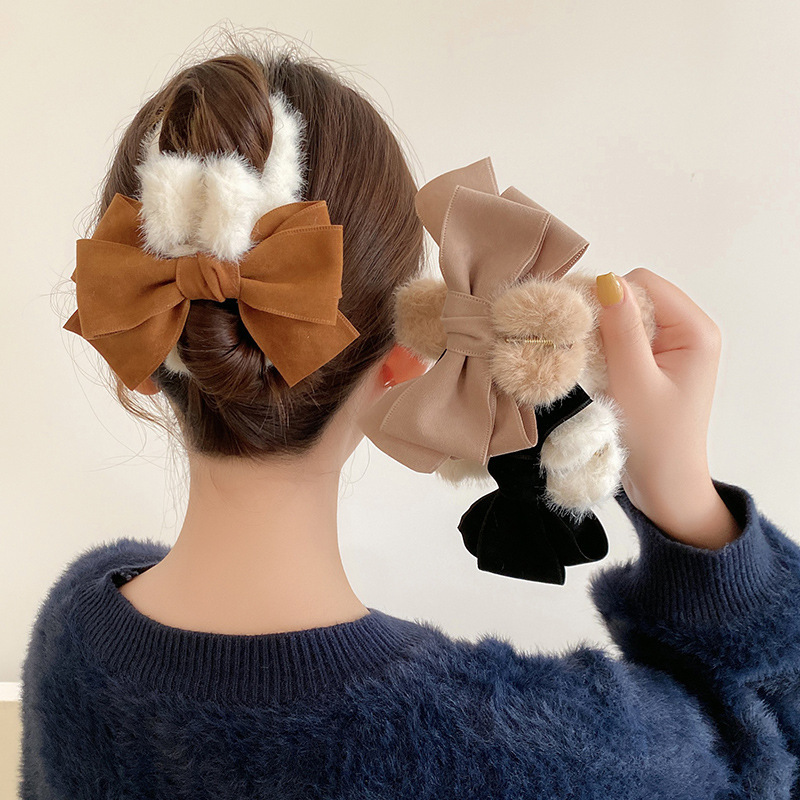 Autumn and Winter Large Plush Bow Claw Clip Women's Back Hair Clip Hairware Updo Temperament Shark Clip Wholesale