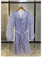 法单M家博主同款2023夏季新款法式气质蓝色碎花连衣裙两件套收腰
