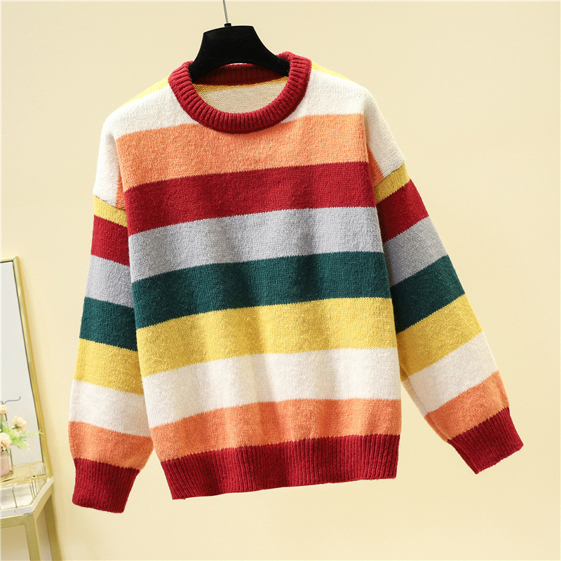 品牌折扣女装剪标专柜撤柜清仓春秋复古日系慵懒彩虹条毛衣针织女