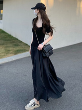 黑色赫本风短袖设计感气质连衣裙女夏季高级感御姐风收腰显瘦长裙