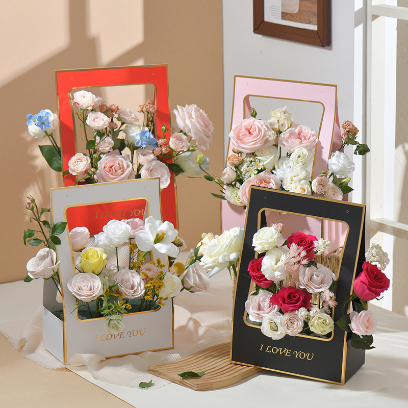 烫金手提花盒镂空情人节手提花篮七夕鲜花手提袋插花盒花束纸盒