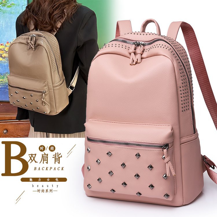 新款时尚休闲铆钉pu大容量双肩背包日韩风范文艺网红同款女包批发