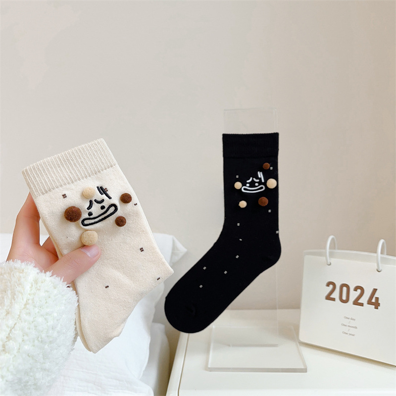 Women's Funny Embroidered Fur Ball Socks Women's Mid Tube Stockings Ins Trendy Korean Cartoon Cute Black and White Women's Socks Designer Model