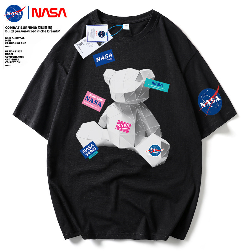 nasa联名款小熊宽松短袖夏季纯棉宇航员短袖t恤男女情侣潮牌上衣