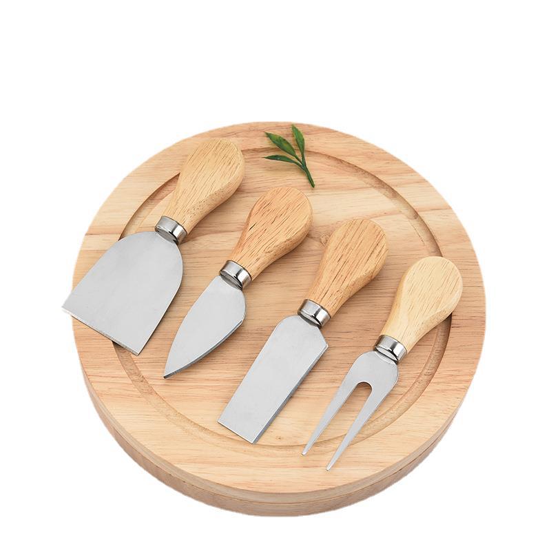 Stainless Steel Wooden Handle Cheese Knife Four-Piece round Rubber Wooden Box Set Baking Tool