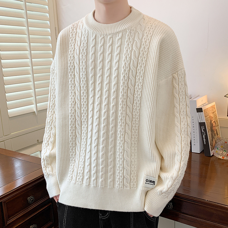 外贸男装秋冬新款套头圆领粗针编织款麻花长袖毛衣男士保暖针织衫