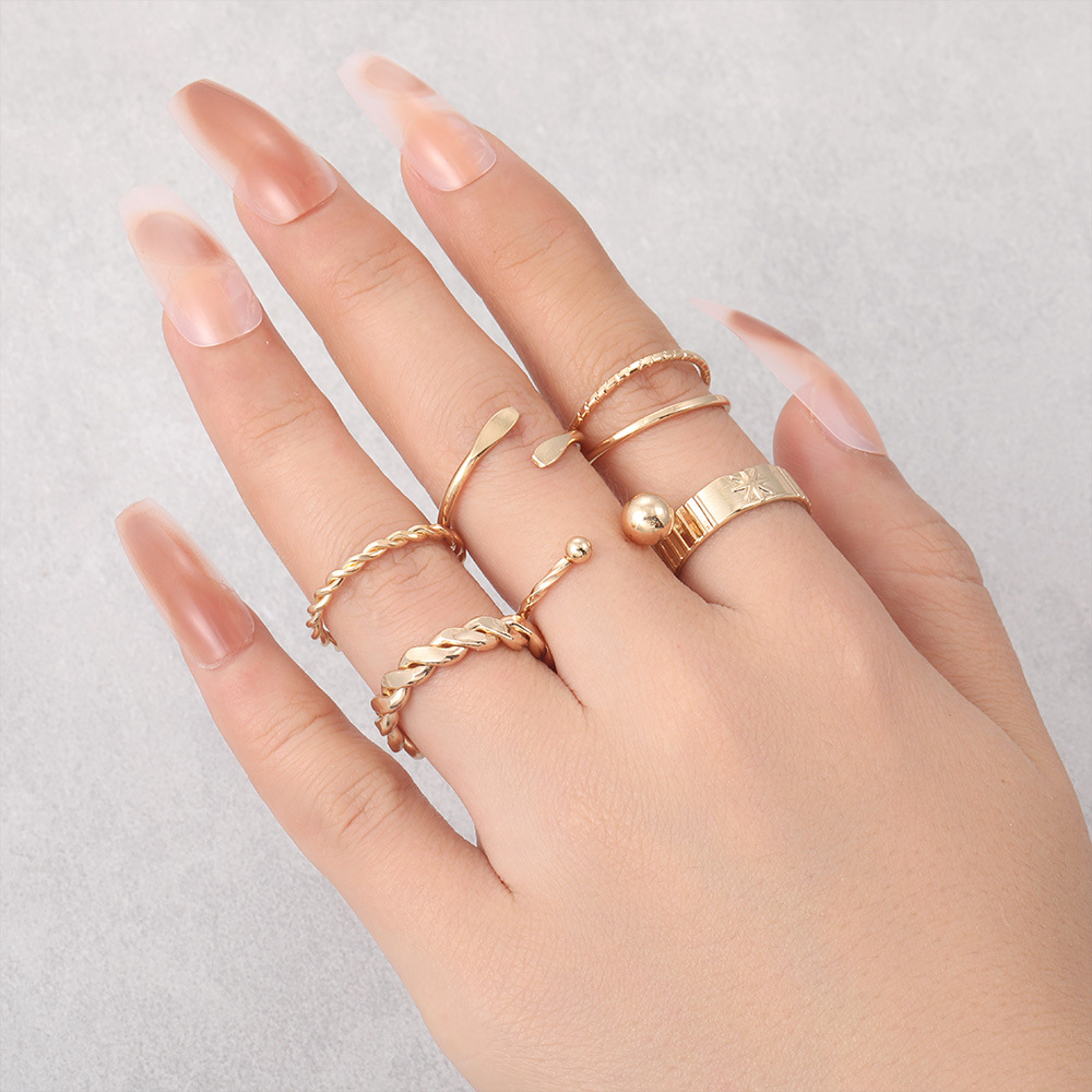 欧美跨境套装戒指 简约时尚开口链条状个性麻花款组合6件套戒指女