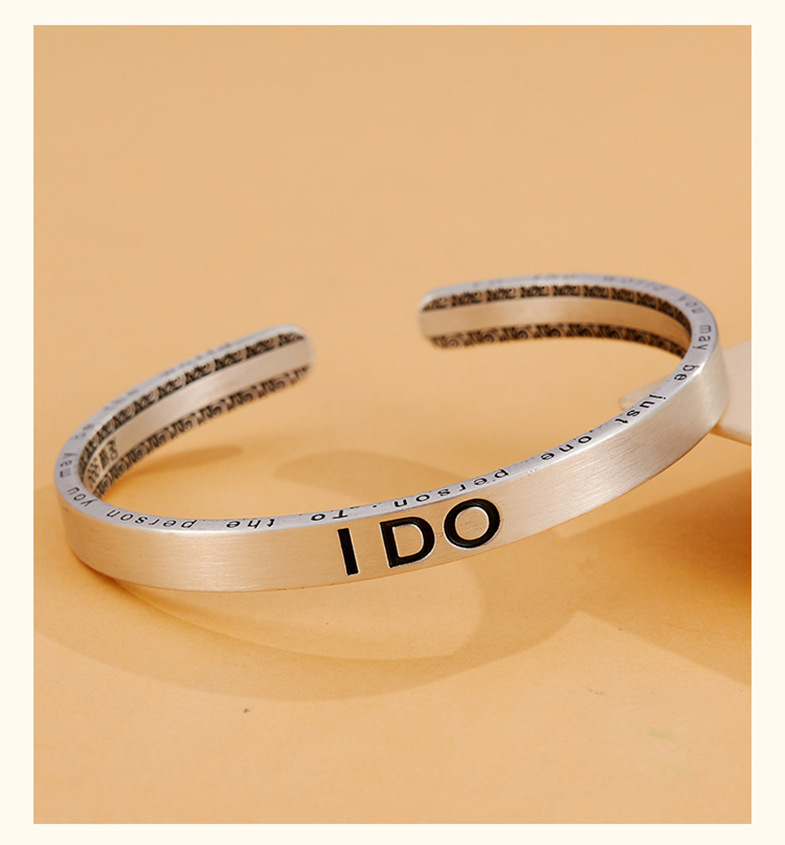 手镯999足银一路有你银手镯复古英文简约手镯女银镯子送女友