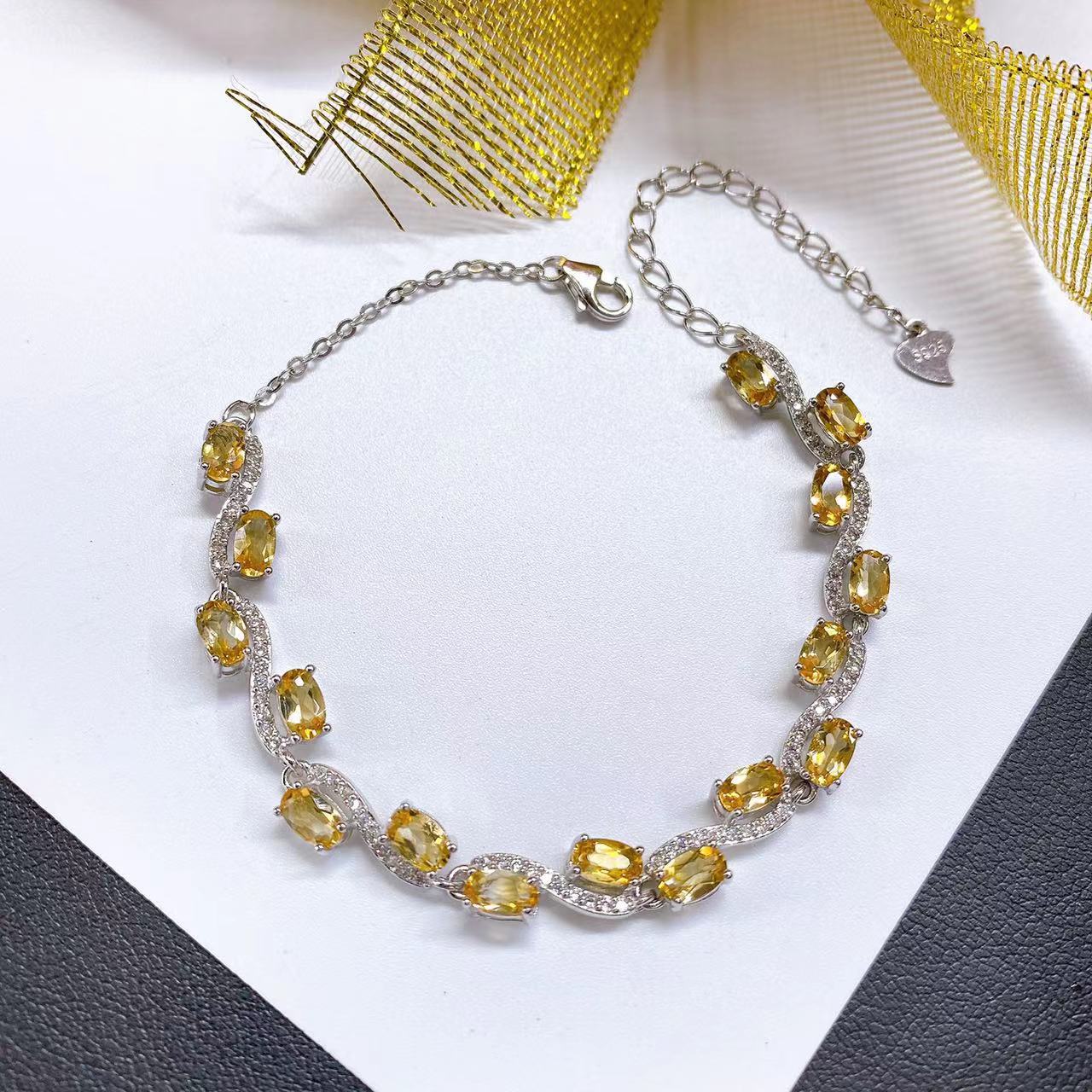 黄水晶手链镶嵌s925银女款跨境新款天然黄水晶时尚女直播饰品货源